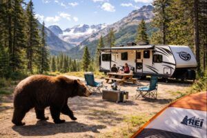 ChatGPT Bear wandering thru campsite