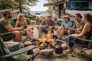 Campfire gathering by the ocean