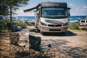 Oceanside campground with chairs