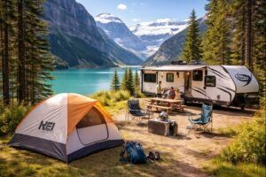 ChatGPT REI Tent on campsite at lake louise