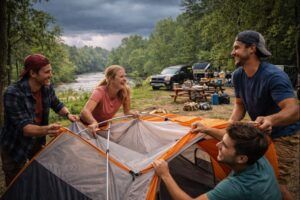 ChatGPT Setting up tent before the storm